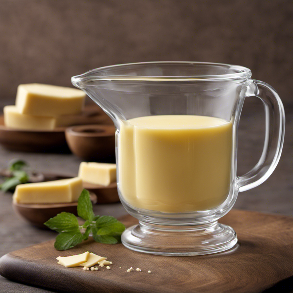 An image showcasing a clear glass measuring cup filled to the 1/4 cup mark with smooth, creamy butter
