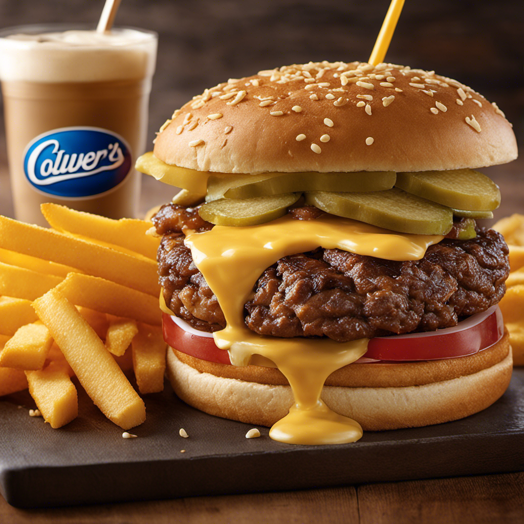 An image showcasing a mouthwatering Culver's Butter Burger: a char-grilled beef patty cooked to perfection, topped with melted Wisconsin cheddar, served on a lightly toasted bun, and accompanied by golden fries and a creamy milkshake