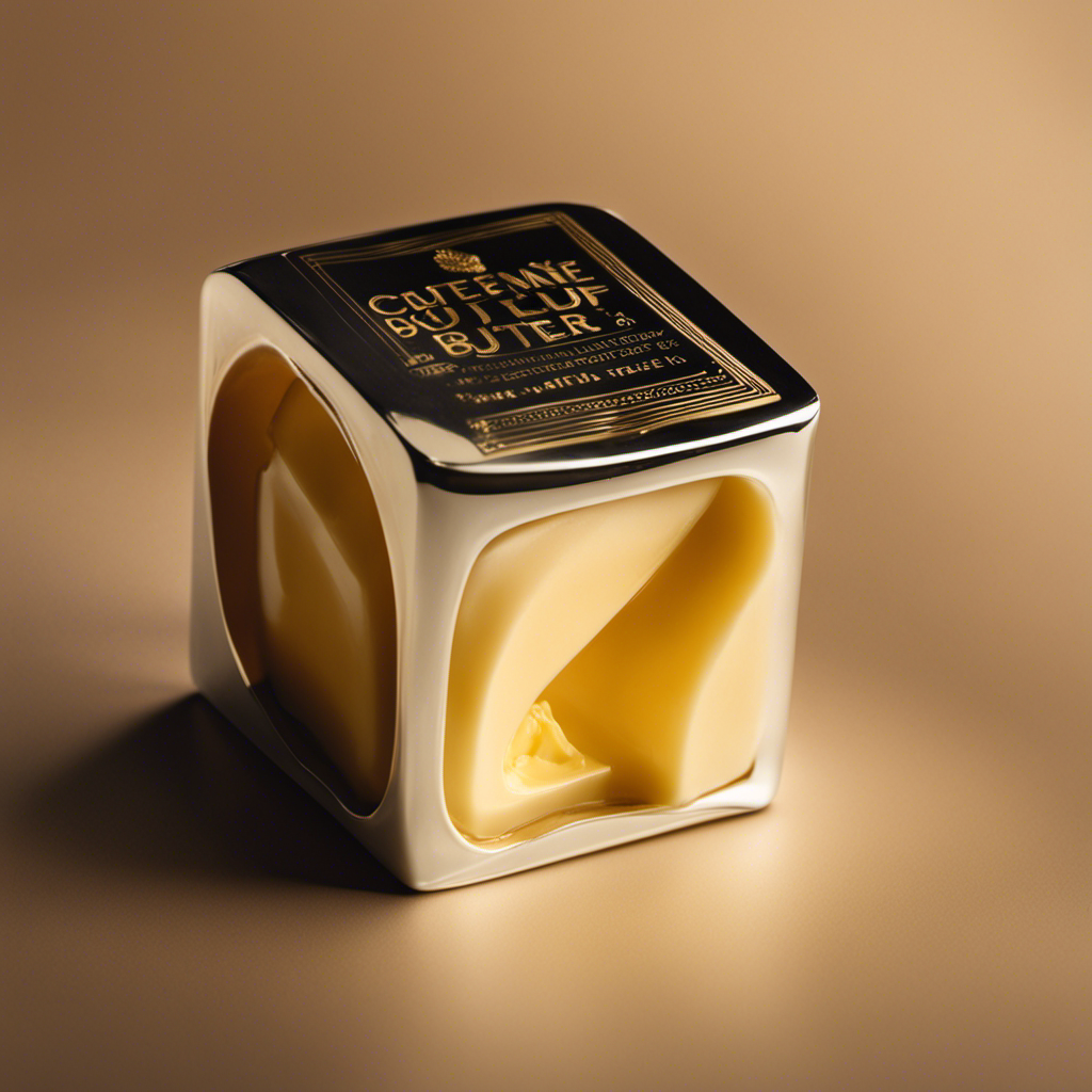 An image showcasing a cube of butter, perfectly formed with smooth edges and a rich, golden hue, sitting on a pristine white plate