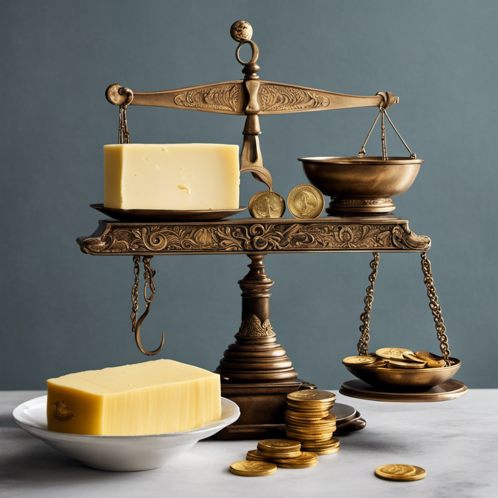 An image that showcases a vintage weighing scale with a half-pound block of butter delicately placed on one side, while on the other side, various everyday items such as coins and a feather symbolize the weight equivalence