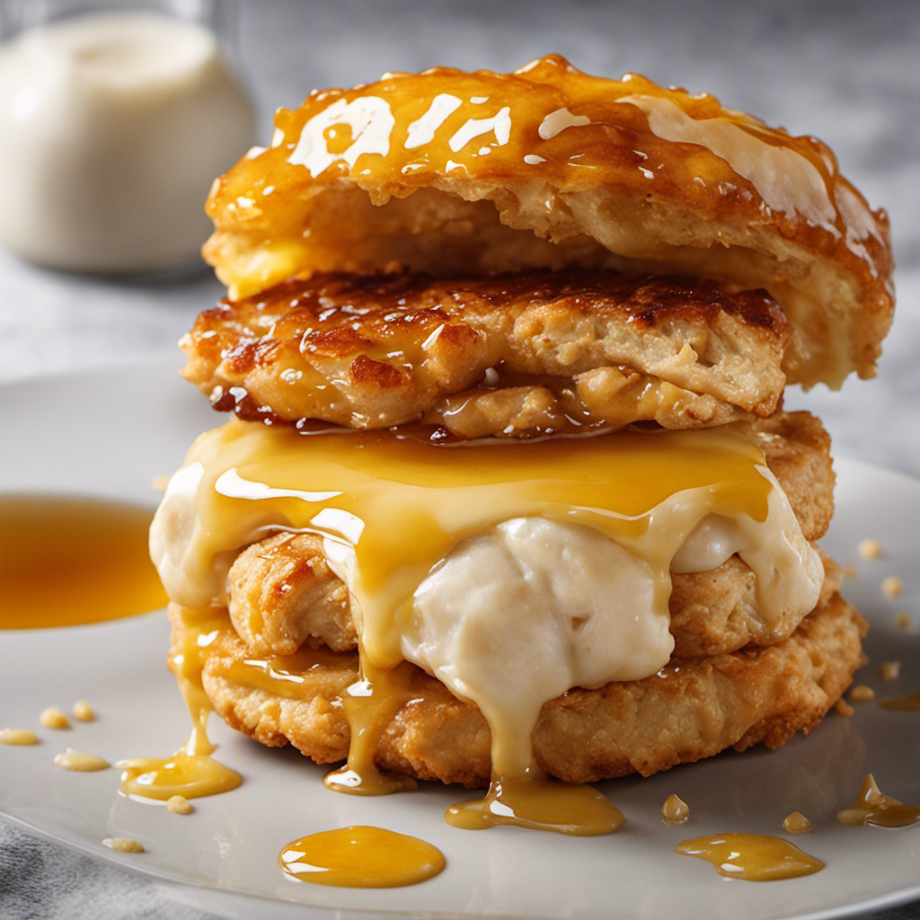 An image featuring a mouthwatering close-up of a flaky, golden-brown biscuit split open, revealing a juicy honey-glazed chicken patty smothered in melted butter, with a drizzle of honey glistening on top