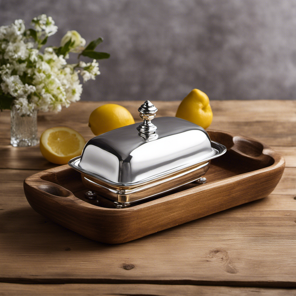 An image of a silver butter dish on a rustic wooden table, with a pristine ceramic knob of butter, glistening and perfectly portioned, ready to be spread on a warm slice of bread