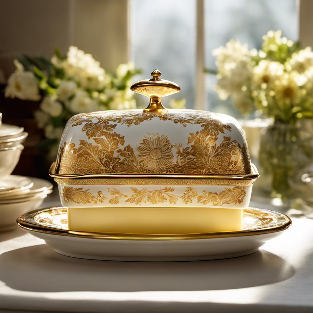 An image showcasing a pad of butter sitting on a vintage ceramic butter dish with delicate floral patterns, surrounded by golden rays of sunlight streaming through a kitchen window