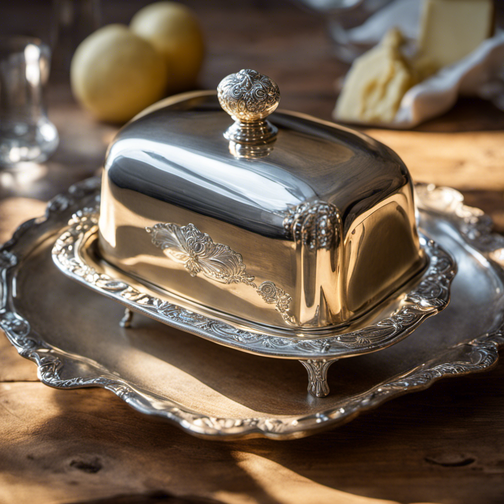 An image featuring a vintage silver butter dish on a rustic wooden table, adorned with a perfectly shaped pat of butter