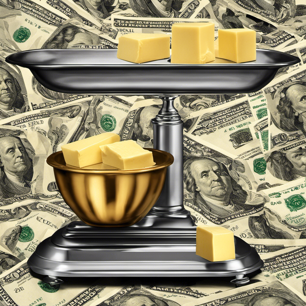An image of a vintage kitchen scale with a shiny silver pound of butter perfectly balanced on one side, while on the other side, an assortment of dollar bills symbolizes the value and cost of a pound of butter