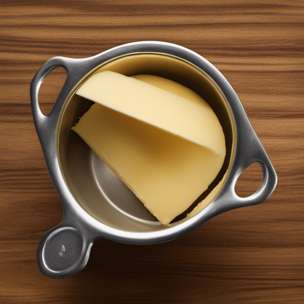 An image showcasing a quarter-cup measuring cup filled precisely to the brim with rich, creamy butter