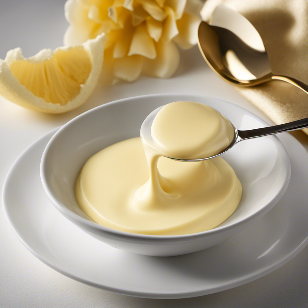 An image showcasing a close-up view of a perfectly measured tablespoon of smooth, creamy butter, gently resting on a pristine white surface, with soft lighting highlighting its golden hue and velvety texture