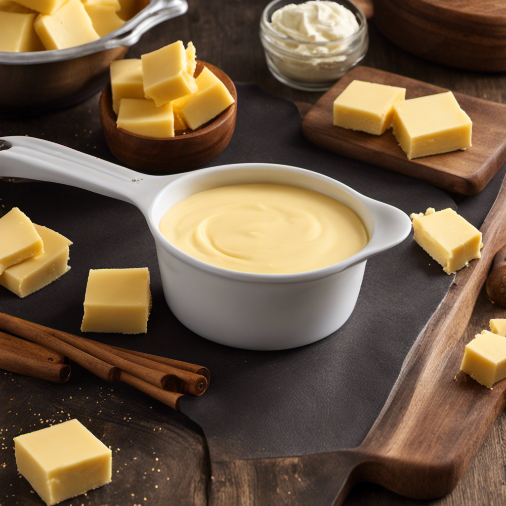 An image depicting a measuring cup filled precisely with 1/3 cup of golden, velvety butter, perfectly smooth and glistening, ready to be used in a delectable recipe
