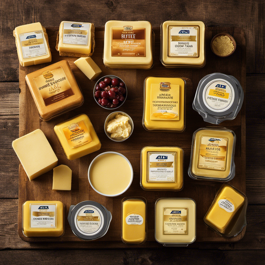 An image showcasing a spread of Aldi's butter selection, with a variety of beautifully packaged butter blocks in different shades of yellow and gold, arranged neatly on a rustic wooden table