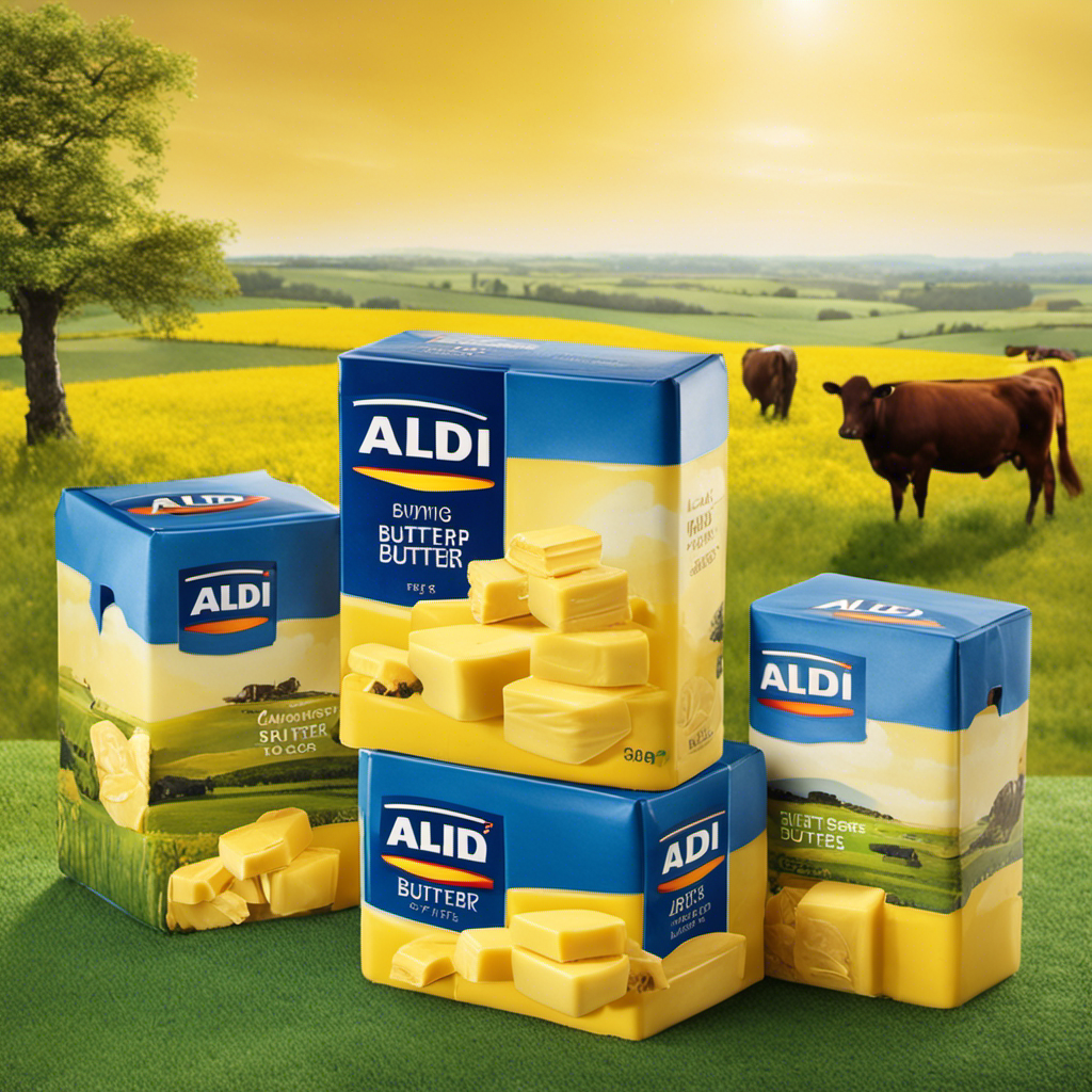 A captivating image showcasing a stack of Aldi's butter blocks, each wrapped in vibrant yellow packaging, surrounded by a backdrop of fresh, creamy pastures with grazing cows under a serene blue sky
