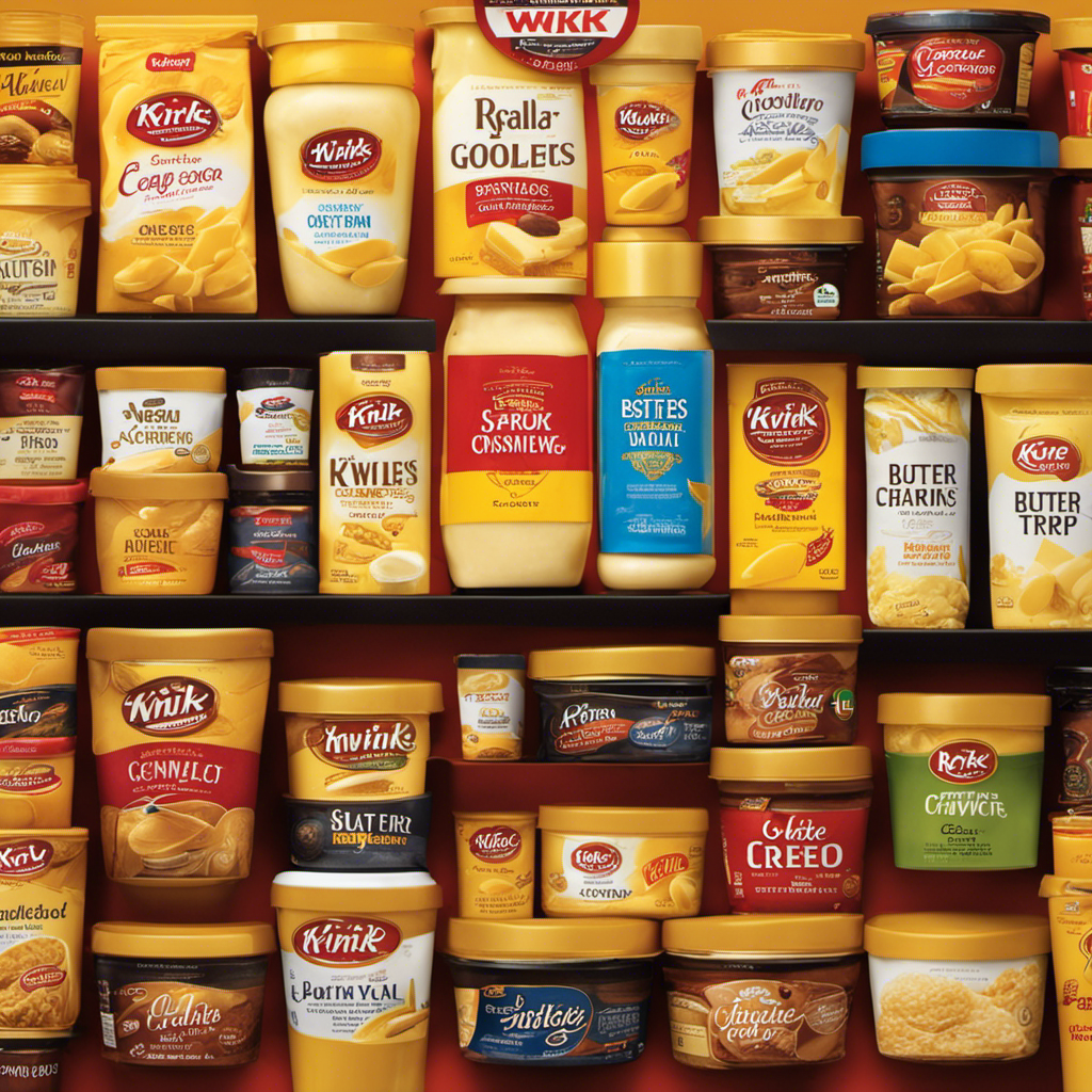 An image that showcases a vibrant, neatly organized display of various brands and sizes of creamy butter at Kwik Trip