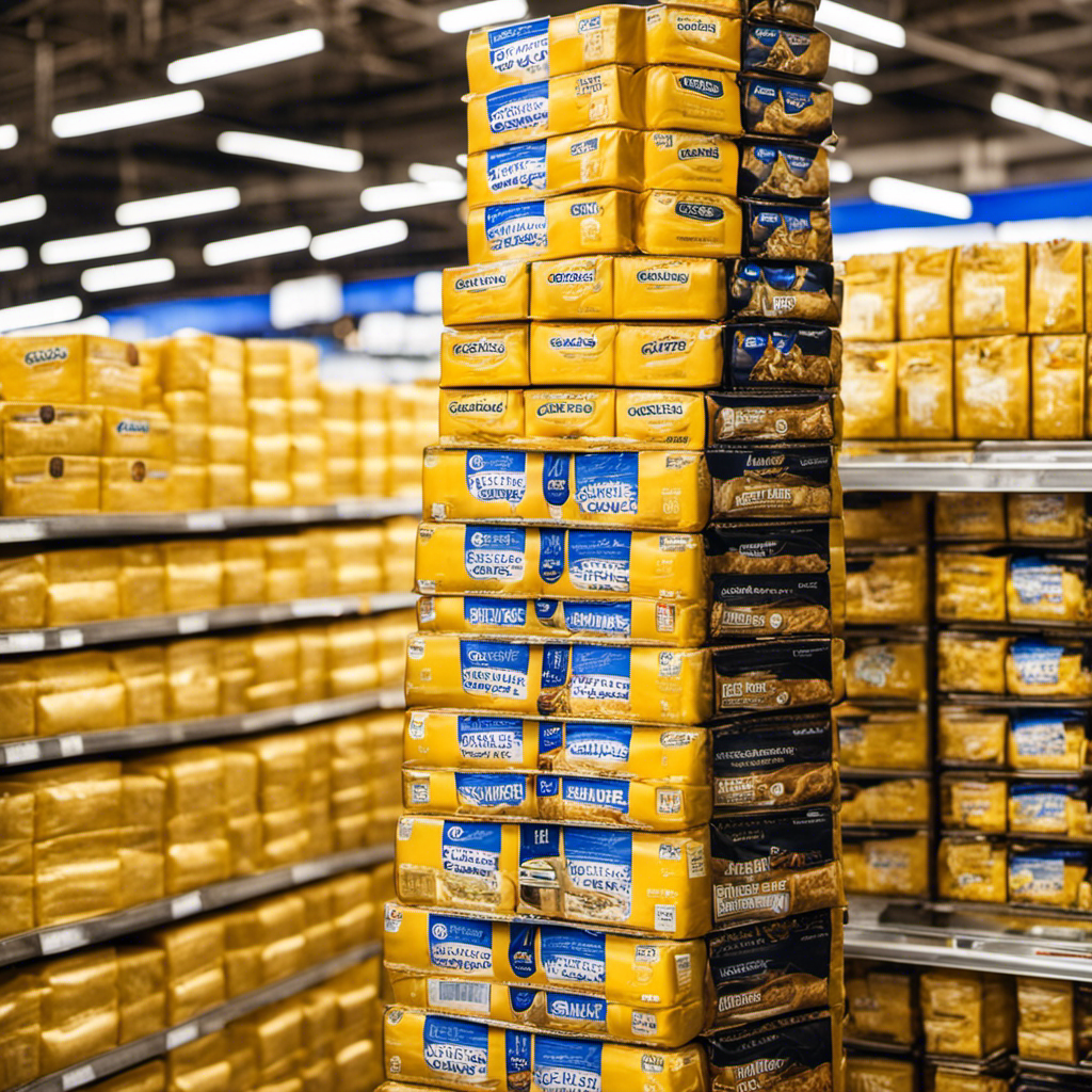 An image showcasing a towering stack of golden, creamy butter blocks at Sam's Club