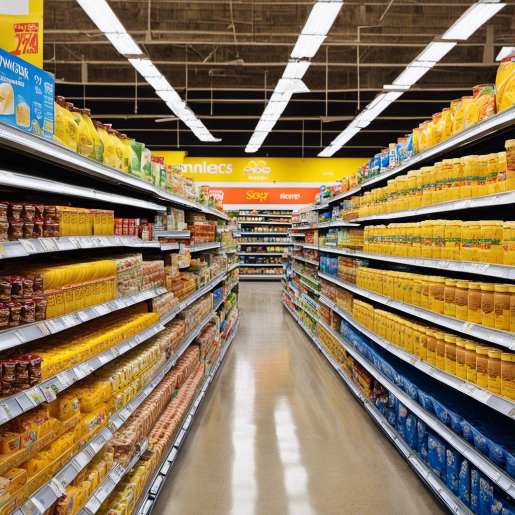 An image featuring a vibrant Walmart grocery aisle, showcasing neatly stacked rows of butter