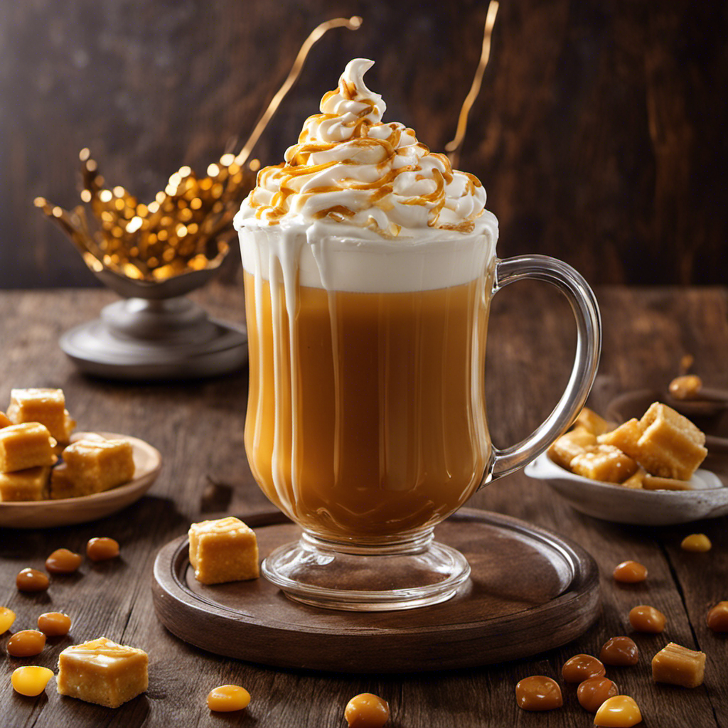 An image showcasing a steaming mug of golden butterbeer, topped with a frothy layer of whipped cream and caramel drizzle, set against a rustic wooden table with scattered butterscotch candies