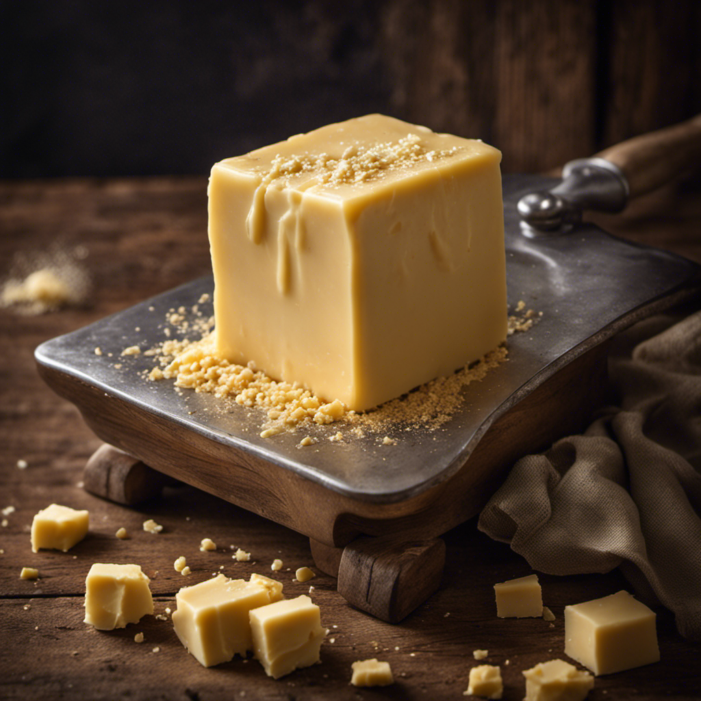 An image featuring a close-up shot of a gleaming, golden butter block delicately balanced on a vintage silver scale, with streams of creamy butter cascading down, contrasting against a rustic wooden backdrop
