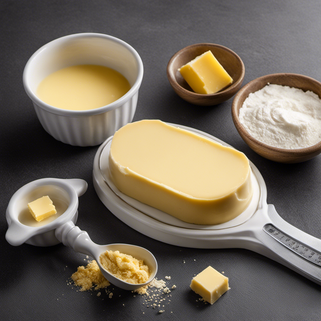 An image showcasing a perfectly halved stick of butter sitting on a kitchen scale, surrounded by a measuring cup filled with melted butter, a knife, and a recipe card with measurements