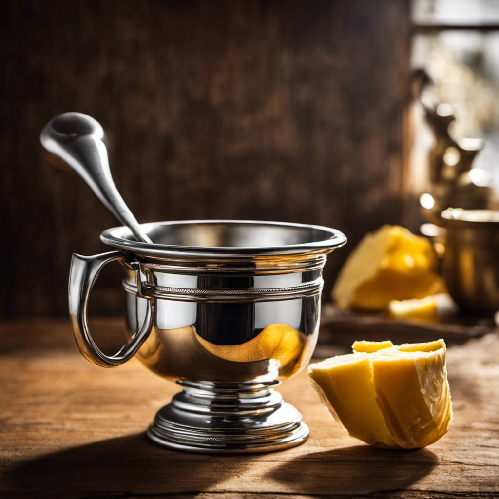 An image of a vintage silver measuring cup filled precisely to the brim with velvety golden butter, glistening under warm sunlight, casting a shadow on a rustic wooden countertop