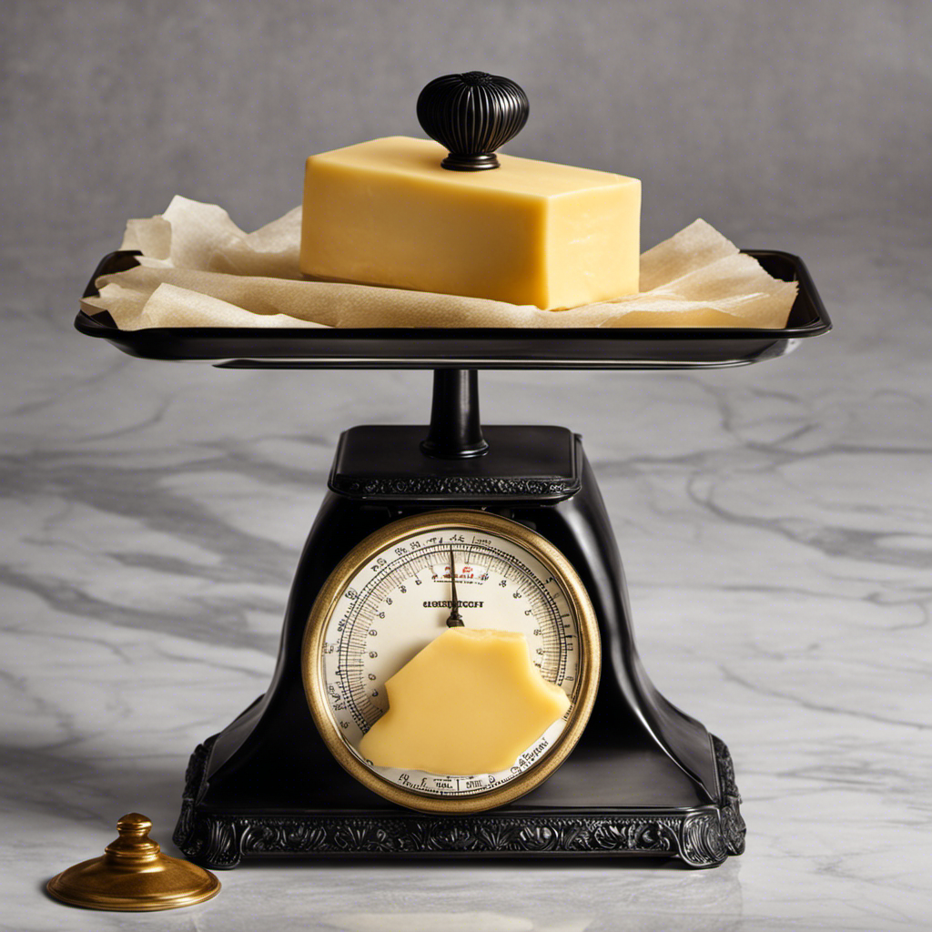 An image of a delicate, golden pound of butter, wrapped in wax paper, gently resting on a vintage kitchen scale