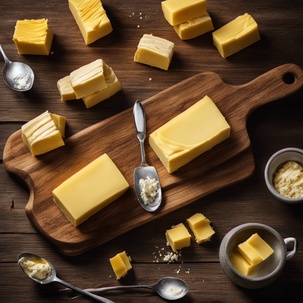 An image showcasing a vibrant yellow stick of butter unwrapped, placed on a rustic wooden cutting board, surrounded by a collection of eight shiny silver tablespoons, each filled to varying degrees with creamy butter