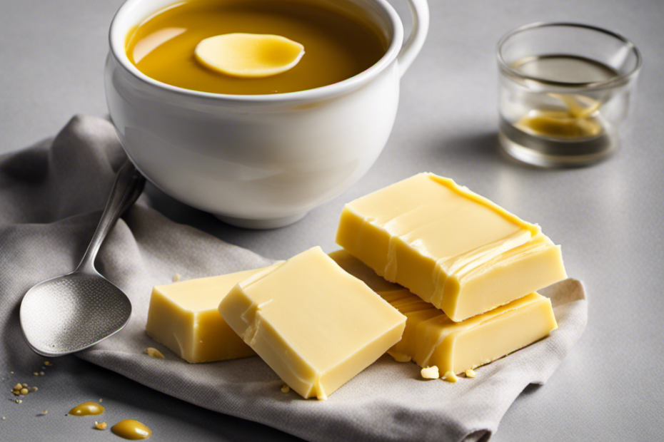 An image showcasing two sticks of butter, gently melted, poured into a measuring cup