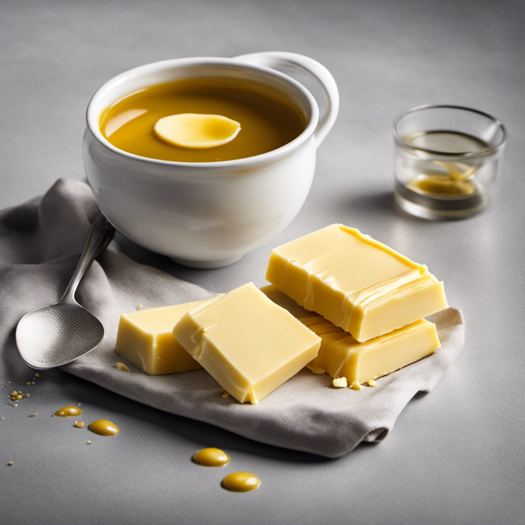 An image showcasing two sticks of butter, gently melted, poured into a measuring cup