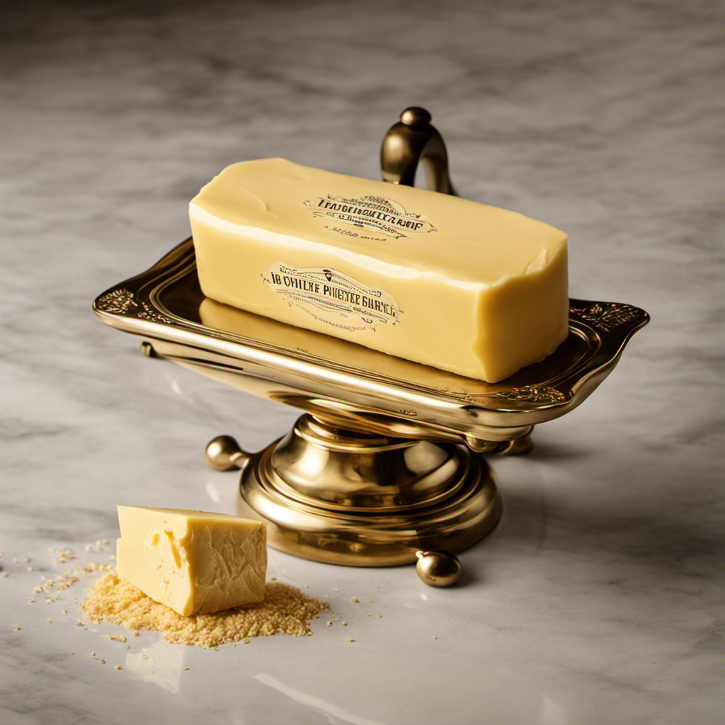 An image showcasing two sticks of butter, neatly wrapped in golden foil, resting on a vintage kitchen scale