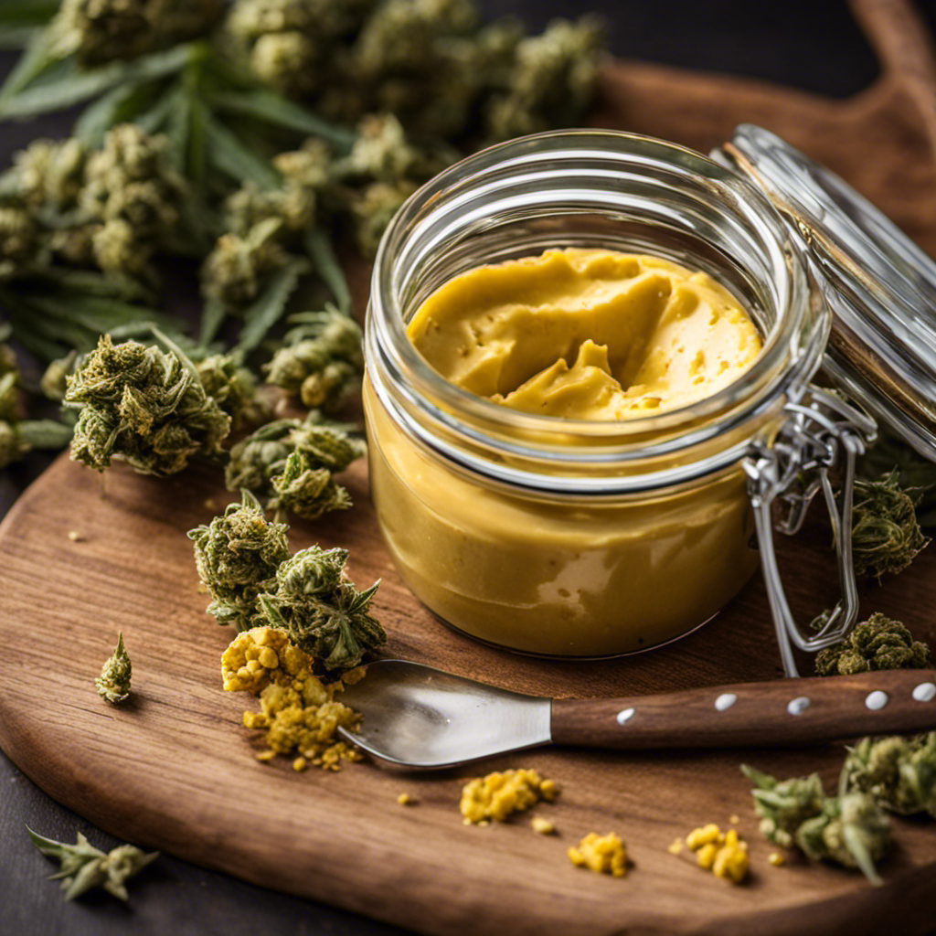 An image featuring a close-up shot of a glass jar filled with homemade, golden-hued weed-infused butter