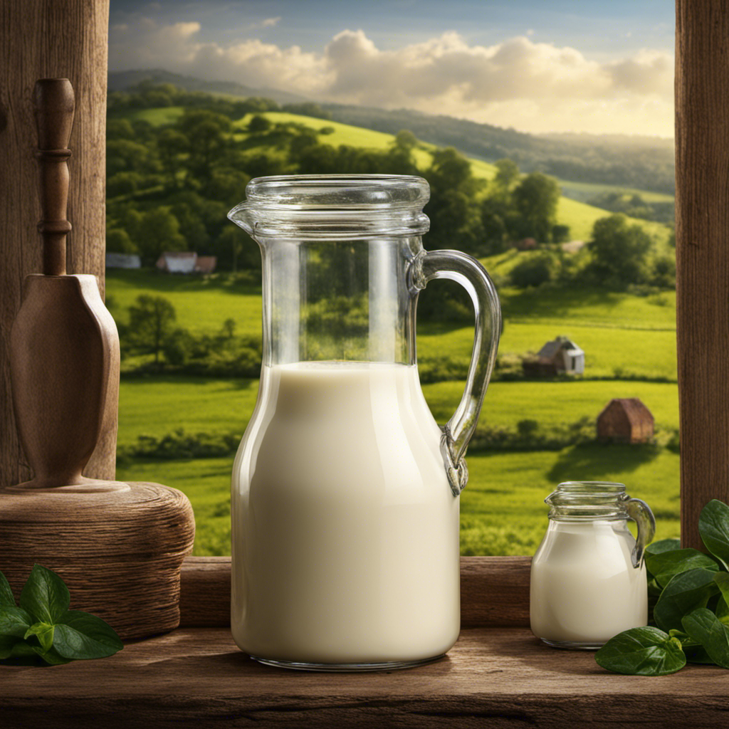 An image showcasing a glass milk bottle pouring creamy milk into a vintage churn, surrounded by a lush countryside backdrop