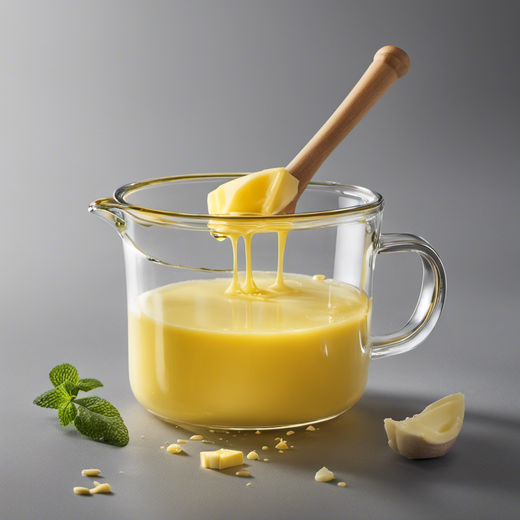 An image that showcases a clear glass measuring cup filled exactly to the 1/3 cup mark with melted butter, positioned next to a stick of butter