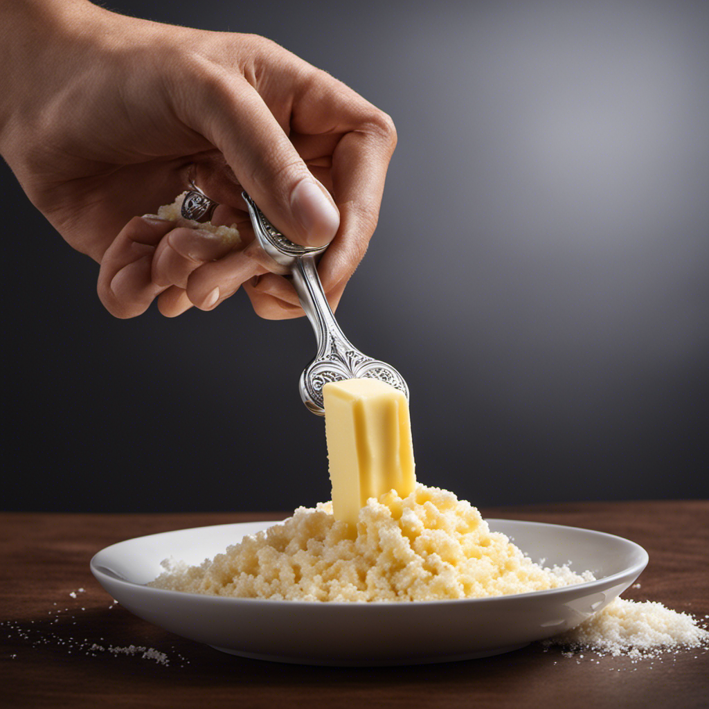 An image of a hand holding a stick of unsalted butter, with a salt shaker tilted above it, delicately sprinkling tiny salt crystals onto the butter