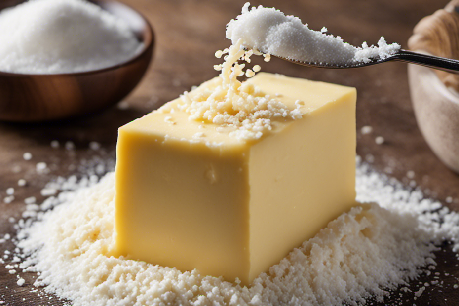 An image showcasing a close-up view of a pat of unsalted butter being sprinkled with a fine stream of salt, with the grains delicately landing on its surface, highlighting the process of adding salt to unsalted butter