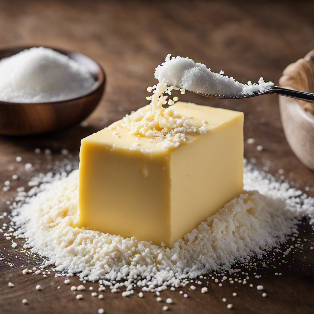 An image showcasing a close-up view of a pat of unsalted butter being sprinkled with a fine stream of salt, with the grains delicately landing on its surface, highlighting the process of adding salt to unsalted butter