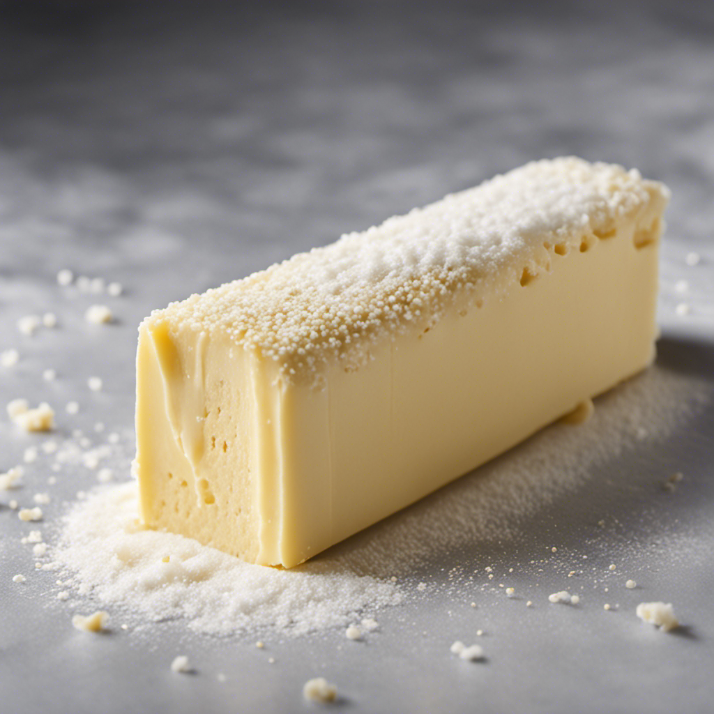 An image showcasing a close-up shot of a stick of unsalted butter with a pinch of salt gently sprinkled on top, forming tiny crystals that glisten in the light