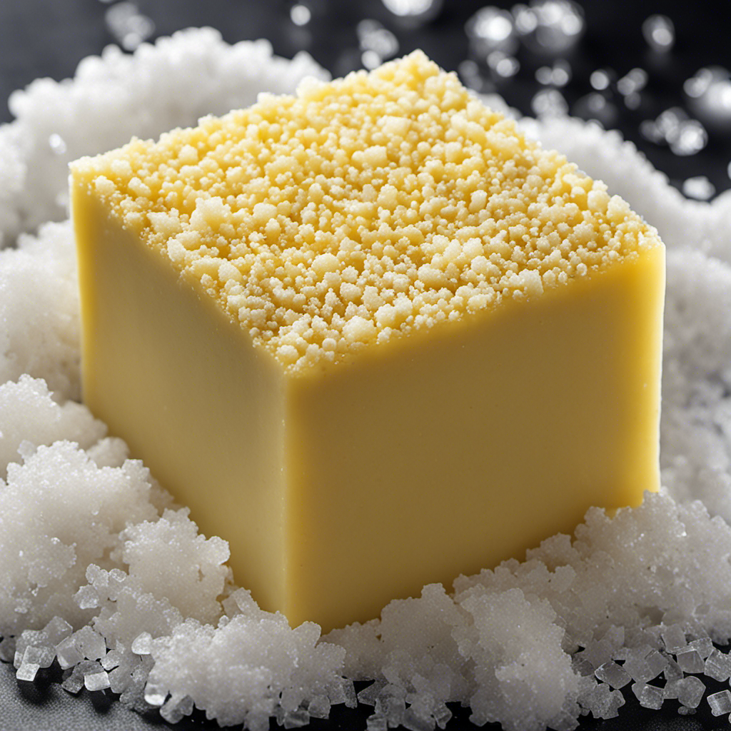 An image showcasing a block of butter partially submerged in a sea of tiny, glistening salt crystals