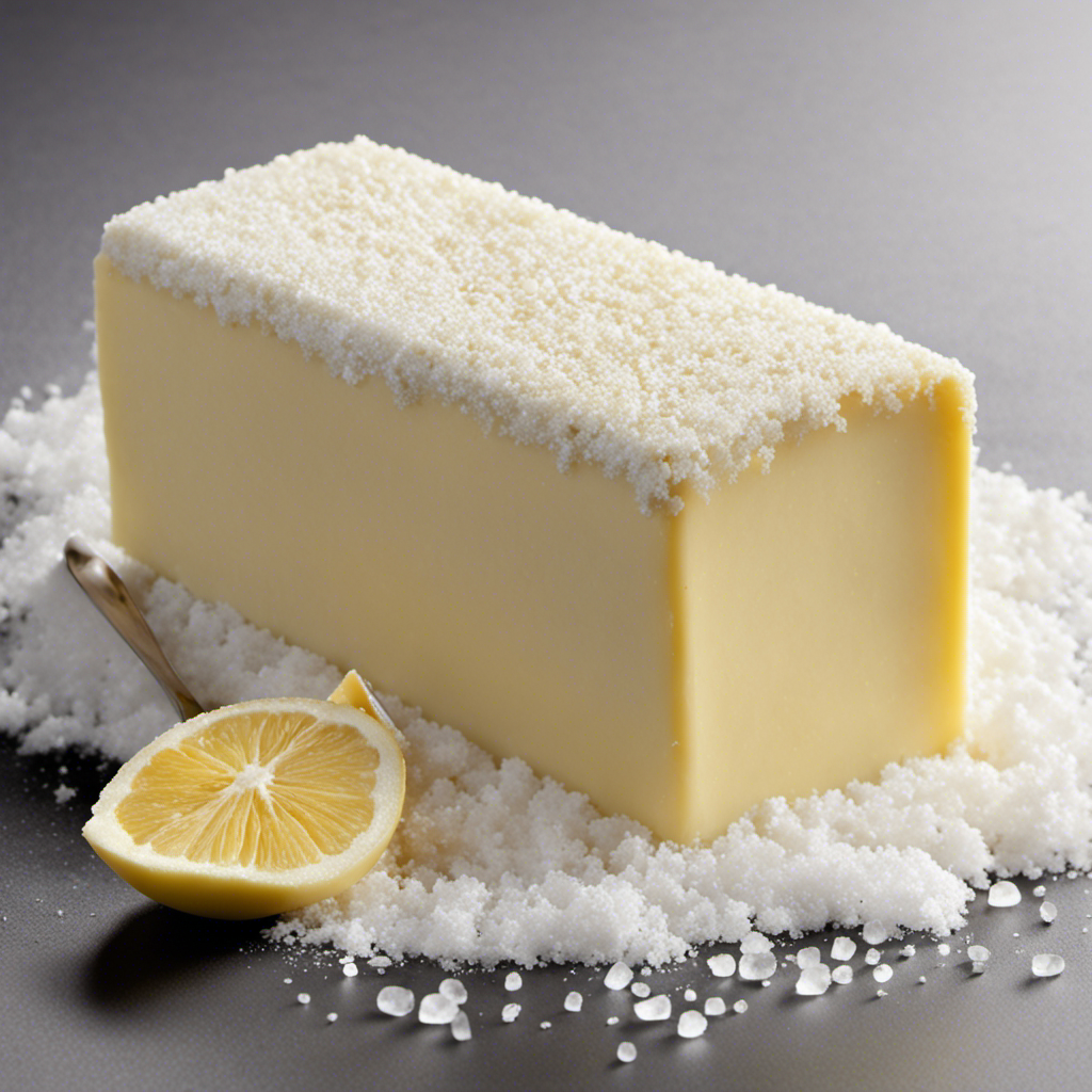 An image of a stick of unsalted butter surrounded by a small mound of salt crystals