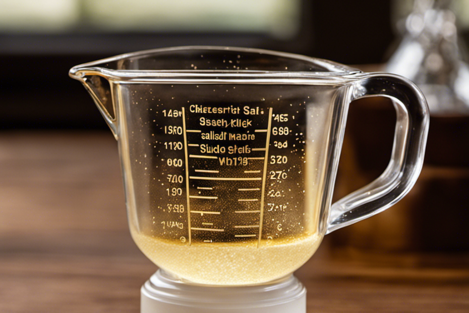 An image showcasing a transparent measuring cup filled with 1/2 cup of melted salted butter