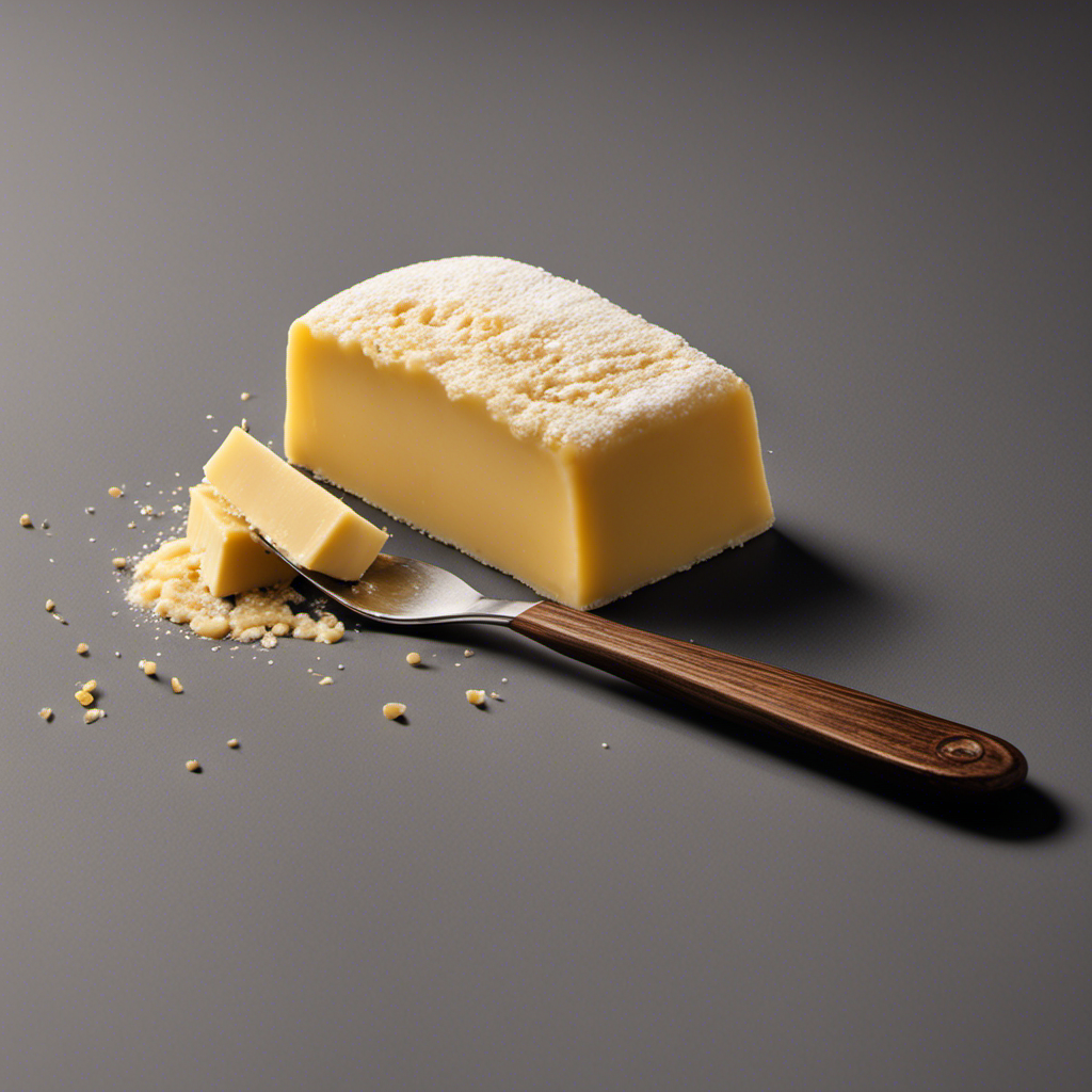 An image depicting a stick of butter split in half, revealing a teaspoon of salt poured over one side