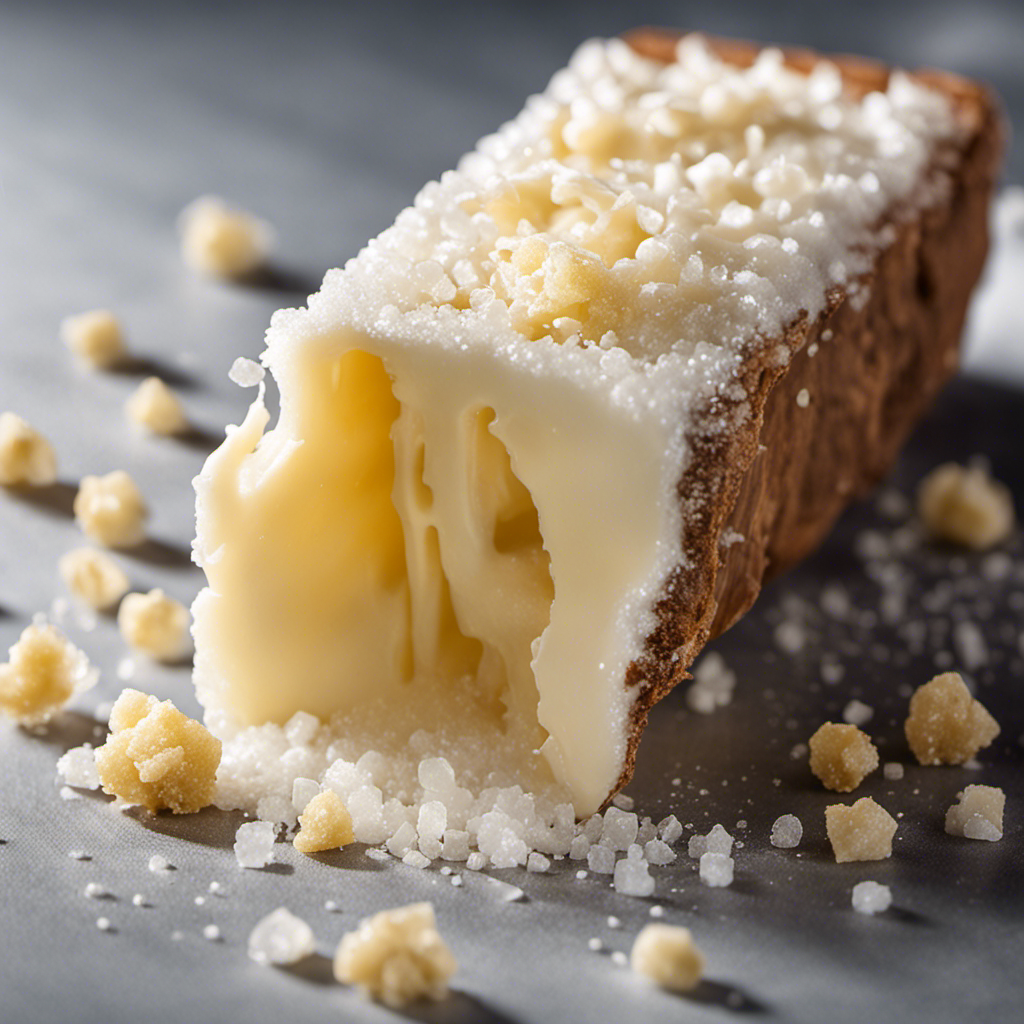 An image capturing a close-up of a stick of salted butter, melted and dripping, revealing delicate crystals of sea salt glistening on the surface, evoking curiosity about the precise amount of salt within