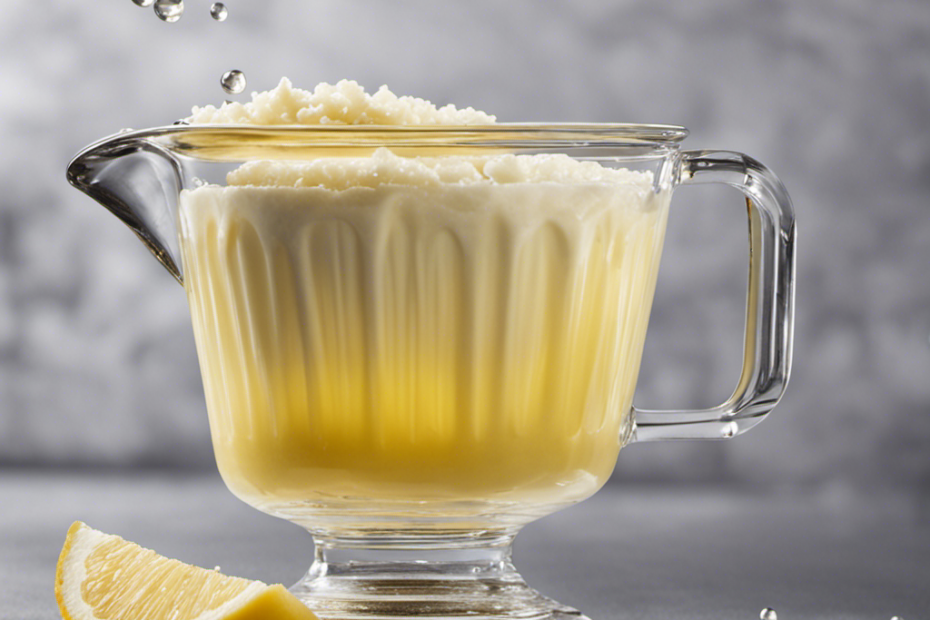 An image showcasing a clear glass measuring cup filled with melted salted butter, perfectly encapsulating 1 cup