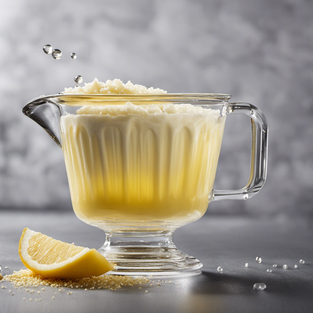 An image showcasing a clear glass measuring cup filled with melted salted butter, perfectly encapsulating 1 cup