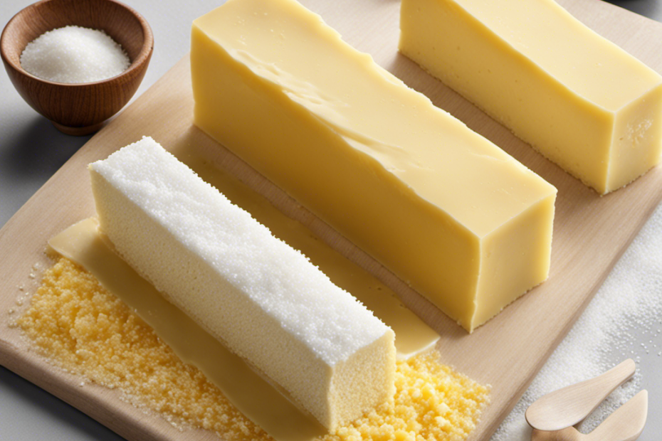 An image that depicts a stick of butter sliced in half, revealing the granular texture of salt crystals evenly dispersed throughout the creamy yellow butter, highlighting the precise amount of salt it contains