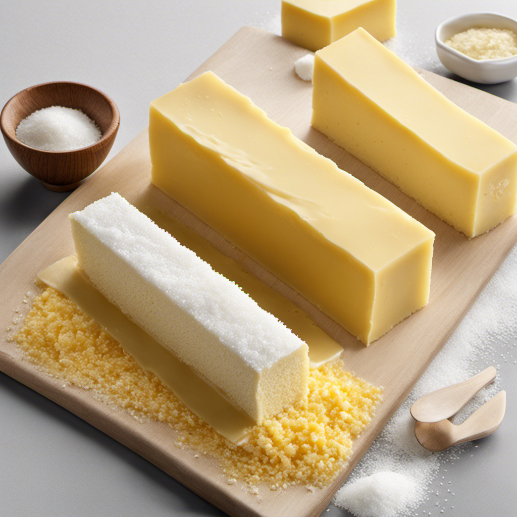 An image that depicts a stick of butter sliced in half, revealing the granular texture of salt crystals evenly dispersed throughout the creamy yellow butter, highlighting the precise amount of salt it contains