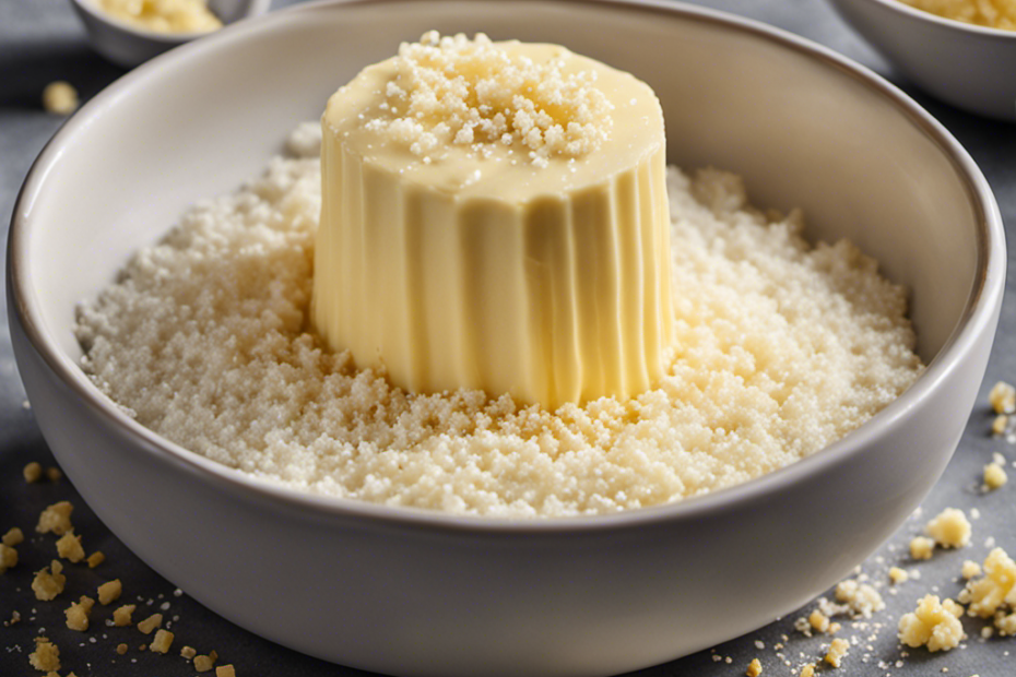 An image showcasing a cup of salted butter, with small salt crystals evenly distributed throughout the creamy surface