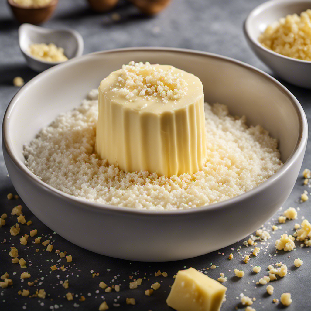 An image showcasing a cup of salted butter, with small salt crystals evenly distributed throughout the creamy surface