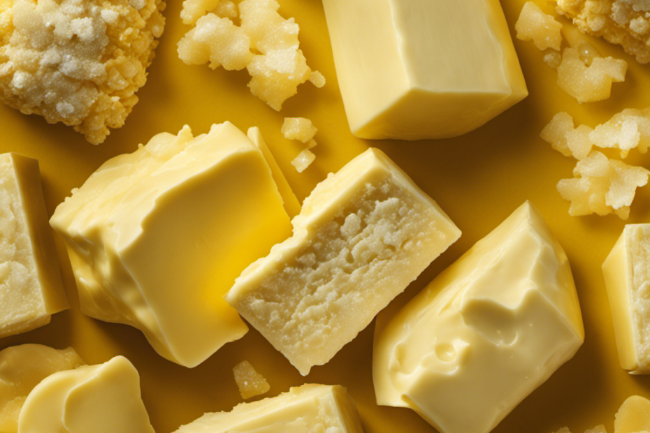 An image capturing the essence of a pound of butter, showcasing its creamy yellow color and smooth texture, while subtly hinting at the invisible presence of salt through delicate crystal formations