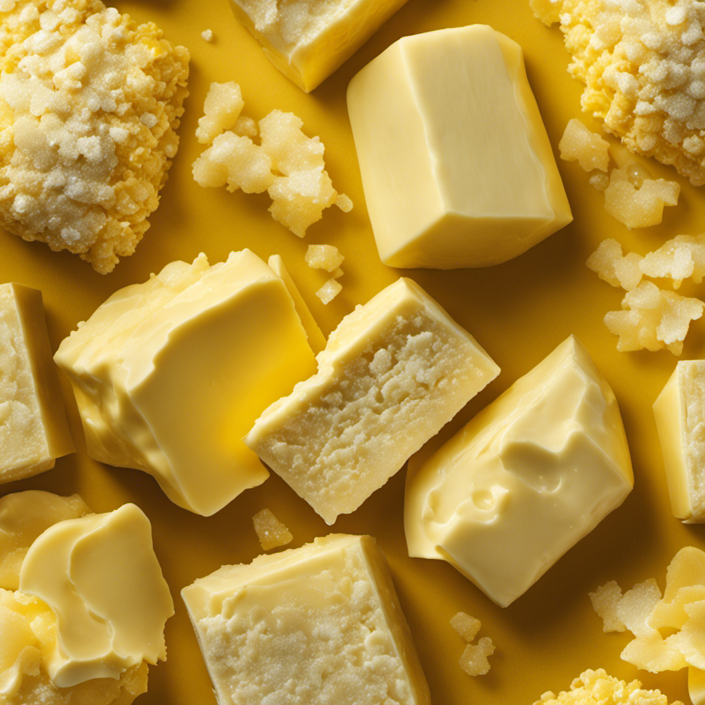 An image capturing the essence of a pound of butter, showcasing its creamy yellow color and smooth texture, while subtly hinting at the invisible presence of salt through delicate crystal formations