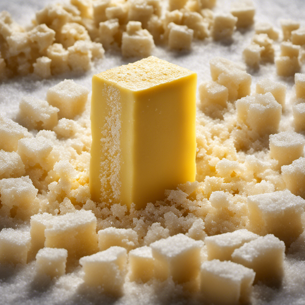 An image showcasing a golden stick of butter being slowly submerged into a sea of delicate salt crystals, illustrating the intriguing relationship between salt and butter