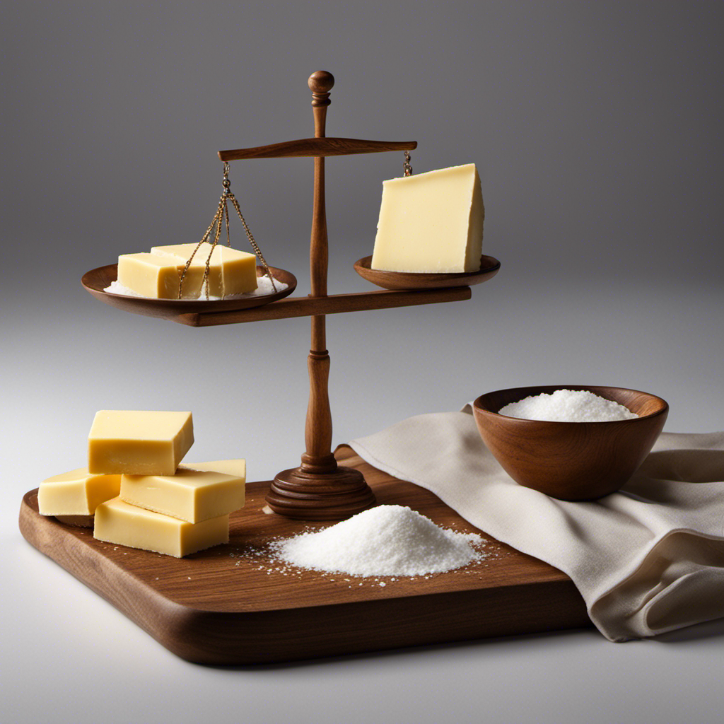An image showcasing a balanced scale with a stick of butter on one side and a pile of salt on the other