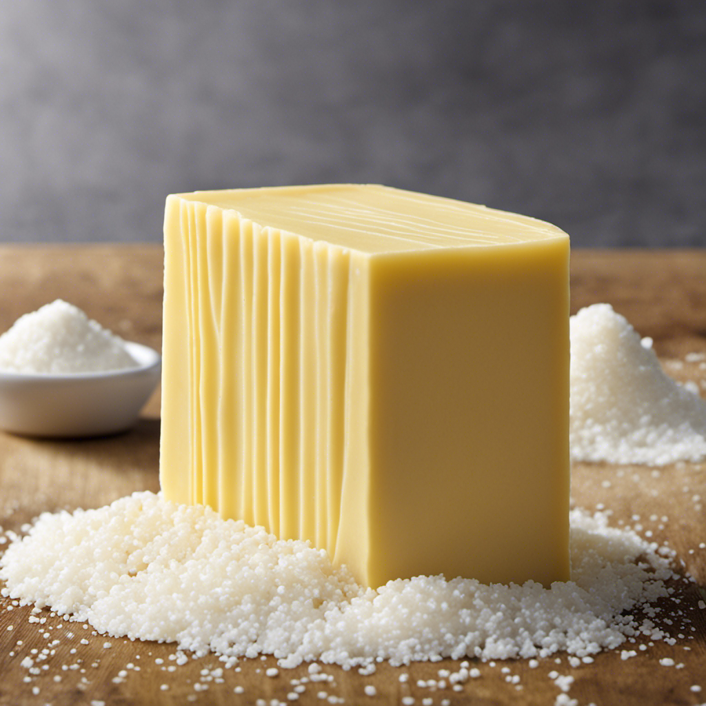 An image that showcases a stick of butter, sliced open to reveal grains of salt within its creamy texture