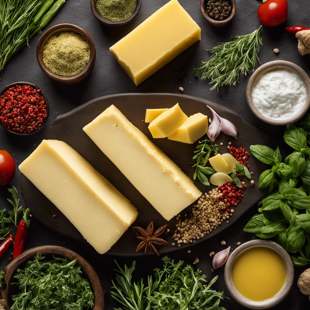 An image showcasing a stick of butter surrounded by a vibrant assortment of fresh herbs and spices, symbolizing flavorful alternatives for reducing sodium in butter-based recipes
